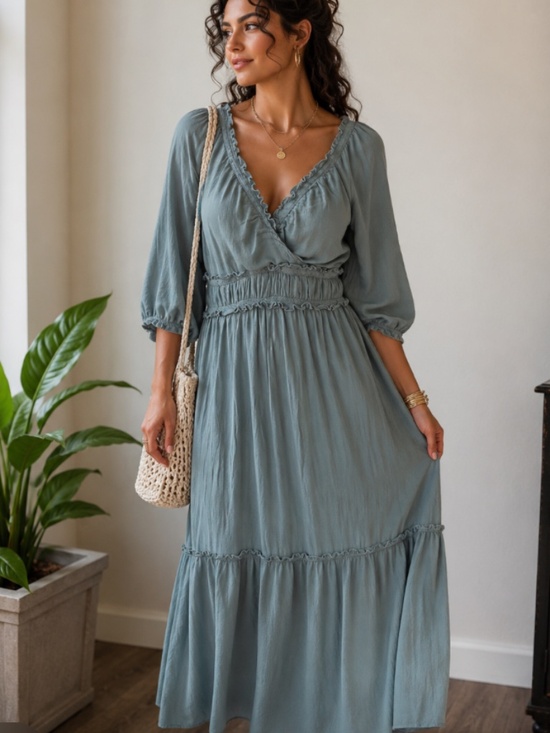Grace & Lace Dresses & Skirts - Boho peasant V-Neck Puff Sleeve Maxi Dress in Sage Green